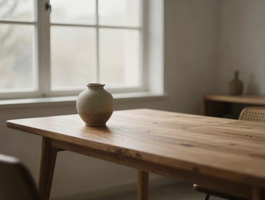 Serene empty design studio with a wooden table, a ceramic vase, and soft diffused light filtering through a window