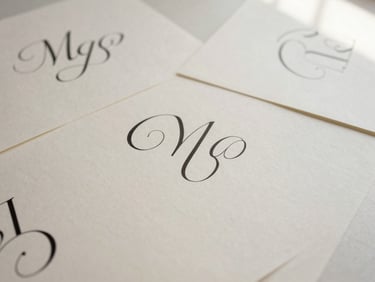 Overhead flat lay of minimalist typography sketches, elegant serif lettering on ivory paper, soft shadows