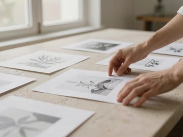 Hands carefully arranging layout prints on a large natural stone surface, soft focus, warm editorial photography