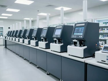 Wide structured architectural composition of a modern sterile automated pharmacy fulfillment line, cool bright clinical daylight, deep slate and white tones.