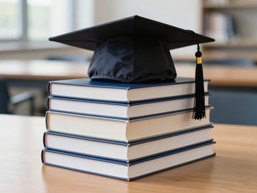 A stack of modern textbooks and a graduation cap on a wooden table, soft natural light, focused on the books with a subtle academic background, professional editorial photography