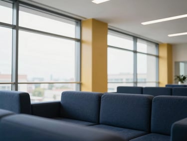 Interior of a modern, bright living room with large windows, clean corporate interior lighting, focused on a comfortable sofa and architectural elements, no people