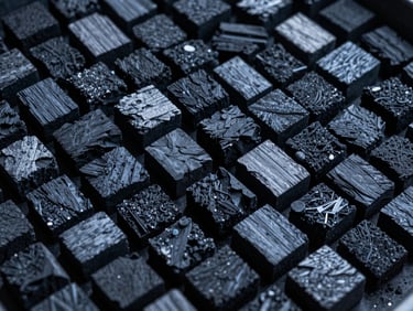 Textured close-up of dense, dark charcoal briquettes, arranged on a dark background, with sharp details