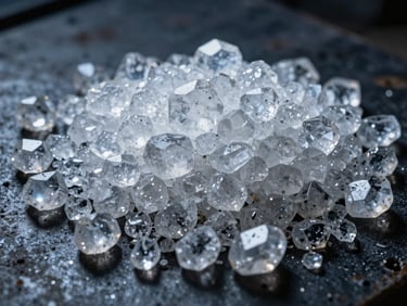 Macro shot of crystalline, translucent quartz chunks, sparkling on a dark, industrial surface, with cool lighting