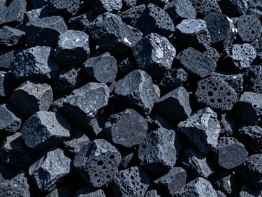 Pile of dark, porous industrial charcoal briquettes, high-contrast cool daylight, deep blue and slate tones, sharp details, wide-angle lens