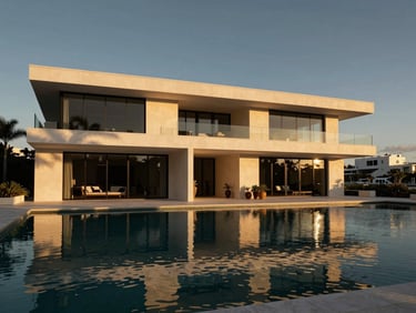 Wide-angle architectural photography of a minimalist luxury waterfront mansion in Miami at golden hour, deep shadows, reflection on pool.
