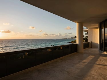 Wide architectural shot of a sun-drenched waterfront terrace in Miami, looking out over the ocean, warm golden hour lighting, deep shadows, rich black and gold tones, 35mm lens.