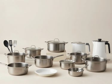Clean flat-lay of modern kitchenware (pots, utensils, small appliances) on a neutral background, bright studio lighting.