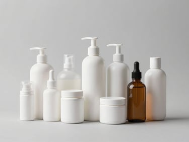 Neatly arranged bottles and jars of health and beauty products on a neutral background, clean studio lighting, high-key.