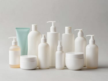 Neatly arranged health and beauty products (bottles, creams, toiletries) on a neutral background, bright studio lighting.