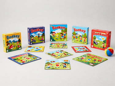 Vibrant grouping of board games and children's toys on a neutral background, bright studio lighting.