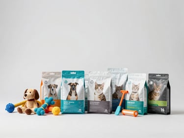 Organized grouping of pet supplies (dog toys, cat food bags, grooming tools) on a neutral background, bright studio lighting.