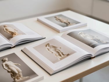 A clean flat-lay of open art history monographs on a gallery table, sharp focus on classical sculpture plates, bright neutral light