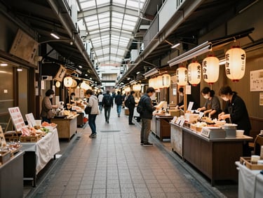 Wide shot of a narrow covered market alley in Osaka, food stalls with hanging lanterns to the right, a few shoppers browsing in natural overcast daylight, textured tiled floor, documentary framing