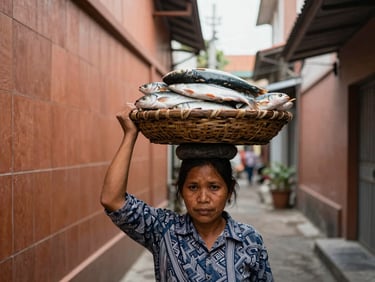 Close-up of a narrow Makassar alley, terracotta-tiled walls, a woman carrying a basket of fish on her head, natural morning light, documentary street photography, no saturation push