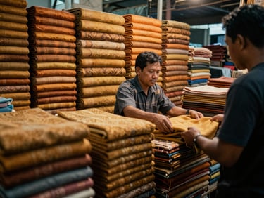 Medium shot of a Bandung textile market interior, bolts of fabric stacked floor to ceiling in warm amber and ochre tones, a vendor handing fabric to a customer, indoor ambient light, documentary photography