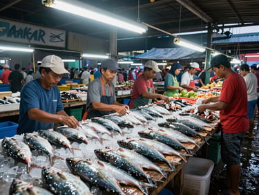 Makassar fish market at dawn, vendors arranging fresh catch on wooden tables under fluorescent lights, condensation visible on ice blocks, wide shot showing the full market floor activity