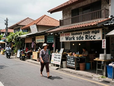 Wide environmental shot of a Bali neighborhood street—not a beach—a local woman walking past a row of small warung shops with handwritten signs, natural daylight, documentary street photography, no saturation