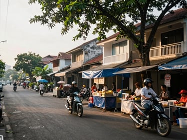 Morning street scene in Balikpapan near the city centre, motorbikes passing a row of shophouses, vendors setting up food stalls, warm daylight filtering through canopy, natural unfiltered documentary photography
