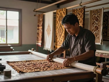 Medium shot inside a Yogyakarta batik workshop, bolts of cloth hanging from ceiling rack, artisan's hands adjusting fabric on a long table, natural window light from the left, warm tones, no staging