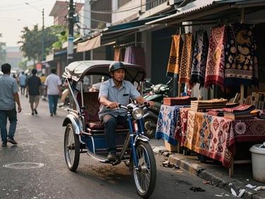 Street-level view of Yogyakarta's Malioboro early morning, a becak driver waiting beside batik stalls, natural diffused daylight, pedestrians in background, documentary style, no color grading