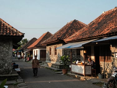Narrow lane in Yogyakarta's Kotagede district, late afternoon light on stone walls and terracotta roof tiles, a local resident walking past a small warung, documentary candid framing
