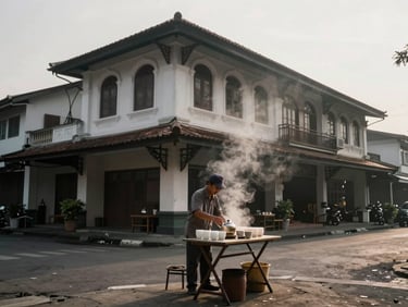 Bandung street corner in the early morning, a warung owner arranging cups on a folding table, steam rising from a kettle, old Dutch-era shophouse facade behind, natural overcast light