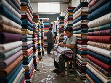 Bandung textile market interior, bolts of fabric stacked floor to ceiling in a narrow aisle, natural light from a high window, a vendor sorting cloth, candid documentary style