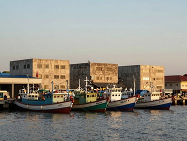 Wide shot of Balikpapan waterfront at late afternoon, fishing boats moored in the foreground, warm concrete port buildings behind, natural golden hour light, no filters, documentary framing