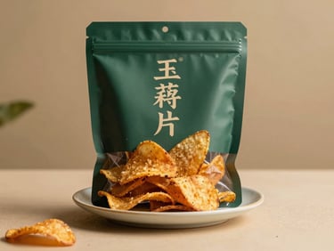 Elegant minimalist packaging of vacuum-fried sweet potato and taro chips, styled with raw ingredients on porcelain, soft shadows