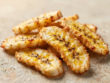 Macro shot of crispy golden vacuum-fried banana and jackfruit slices, scattered on a raw stone surface, warm daylight