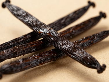 Extreme macro shot of cured black vanilla pods, oily texture, soft golden hour lighting, shallow depth of field, warm editorial photography.
