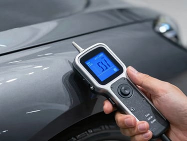 Close-up macro shot of a hand holding a high-tech digital paint-depth gauge against the polished charcoal-grey fender of a modern luxury car, sharp electric blue diagnostic screen glowing, cool white LED lighting, high contrast reflections, 35mm photography