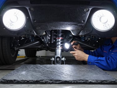 Under-car chassis inspection under bright white LED bay lights, professional mechanic in clean uniform pointing a flashlight at suspension components, high contrast