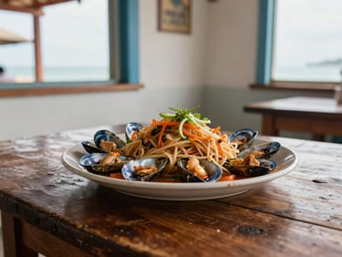 Close detail of a local seafood dish on a worn wooden table in a coastal Colombian restaurant, natural window light, no people, architectural detail of the wall visible