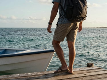 Traveler stepping off a small boat onto a wooden dock in Santa Marta, backpack on shoulder, Caribbean water visible below, natural afternoon light