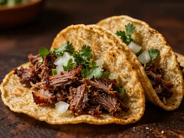 Close-up of a rustic Mexican taco with chopped carnitas, cilantro, and onions under warm dramatic light