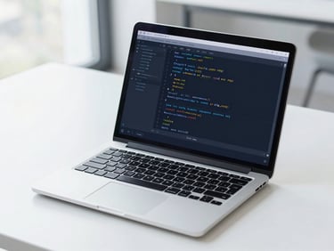 A clean, modern desk setup with a laptop showing technical code, bright natural daylight, cool blue tones, crisp focus.