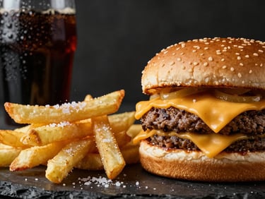 Macro low-angle shot of a double cheeseburger next to golden crispy french fries seasoned with salt, cold soda can with water droplets in background, dark surface