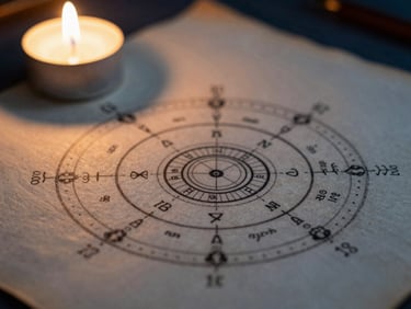 Macro close-up of an ancient hand-drawn Kundli chart on aged parchment, warm candlelight casting deep shadows, shallow depth of field
