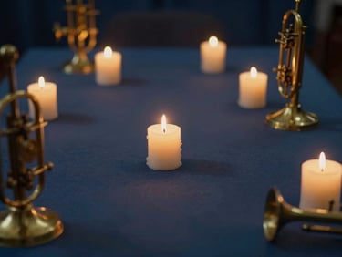 A quiet, dignified consultation room with soft candlelight reflecting off brass instruments, deep midnight blue shadows, warm editorial