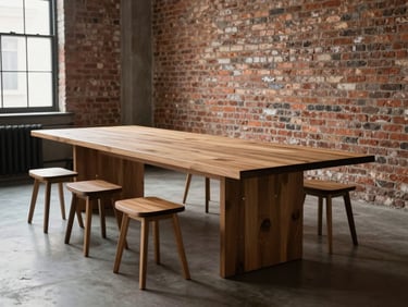 An elegant, long wooden table set in a quiet, sunlit brick loft, minimalist stools, ready for a masterclass.