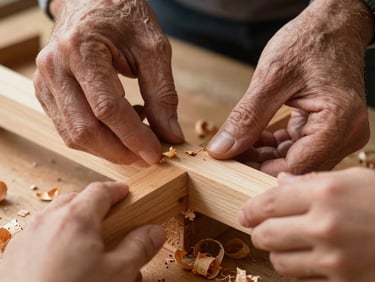 Macro close-up of aged hands guiding young hands over a traditional timber joinery joint, warm side-lighting, wood shavings scattered, shallow depth of field.