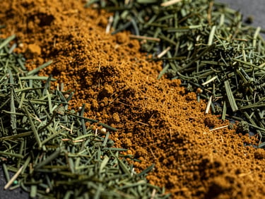 Top-down macro shot of fine amber-colored herbal powder arranged in clean geometric ridges, deep shadows, soft directional light
