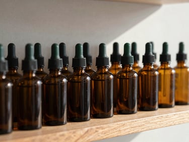 Amber glass apothecary bottles arranged neatly on a wooden shelf, soft directional side-lighting, warm shadows, clean minimalist background