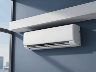 Modern, sleek commercial air conditioning unit installed in a contemporary office space, clean lines. Crisp architectural daylight, cool blue tones, high-contrast.