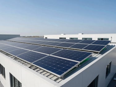 Array of solar panels on a commercial building roof, clean installation, clear sky. Crisp architectural daylight, solar-green accents, high-contrast.