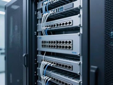 Neatly organized server rack with structured cabling and IP switches in a data center, professional installation. Crisp architectural daylight, cool blue tones, high-contrast.