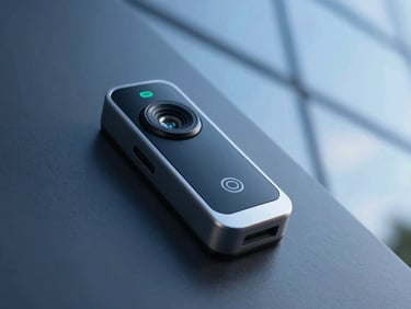 Close-up of a modern biometric access control reader on a sleek dark surface, crisp architectural lighting, cool blue tones, high-contrast.