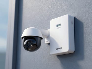 Close-up of a high-tech Hikvision security camera and an AX PRO alarm hub, installed professionally on a modern wall. Crisp architectural daylight, cool blue tones, high-contrast.